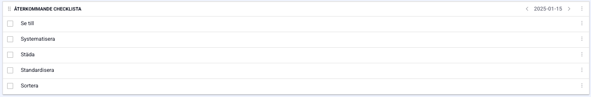 Första vy återkommande checklista Återkommande checklista första vy