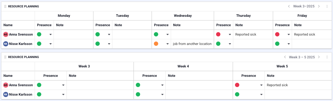 Overview of the resource planning daily/weekly Daily/weekly overview of the resource planning