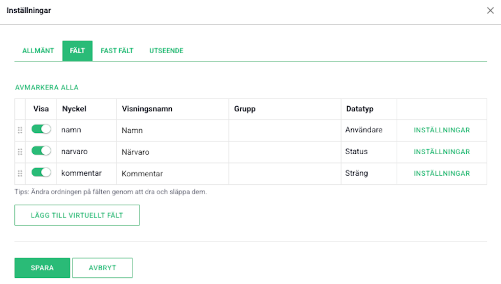 Inställningar i resursplanerings komponenten