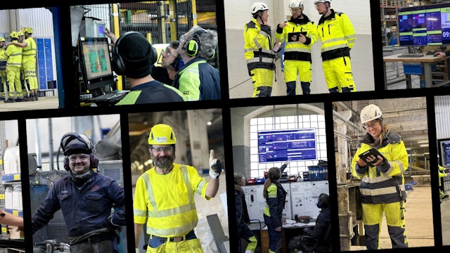 Kollage med industrimedarbetare, digitala tavlor och daglig styrning i produktionsmiljö.