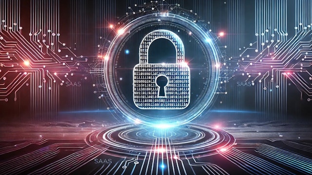 Illustration av ett digitalt lås som symboliserar cybersäkerhet, SaaS och trygg datahantering.