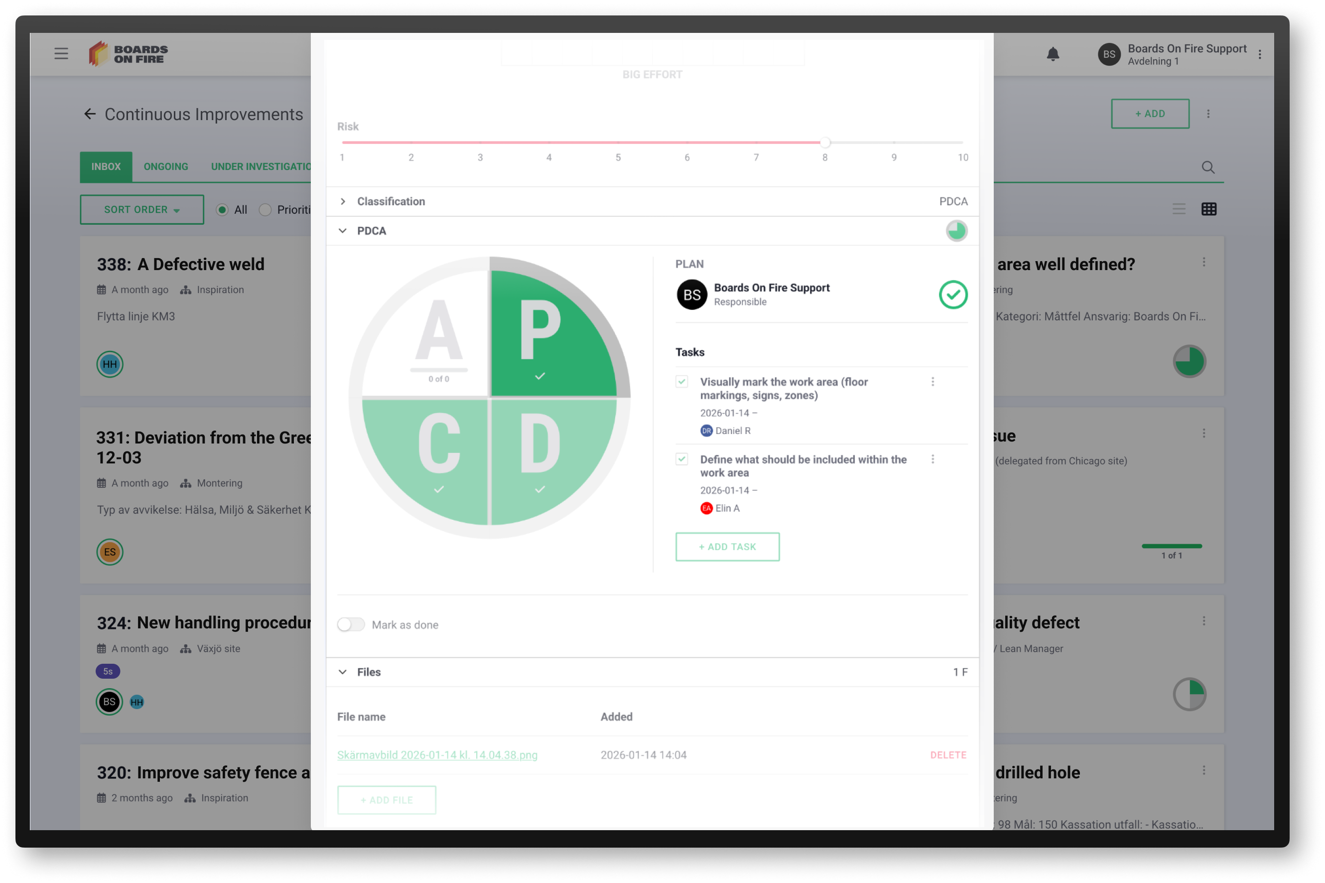 Mockup på Boards on Fire Ständiga förbättringar PDCA tavla