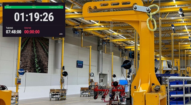 Produktionsmiljö hos Väderstad med takttid och störningstid visade på en digital tavla.