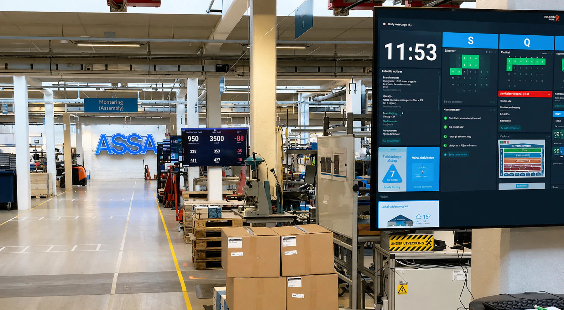 Production environment at ASSA ABLOY with Boards on Fire digital boards for daily management and follow-up.