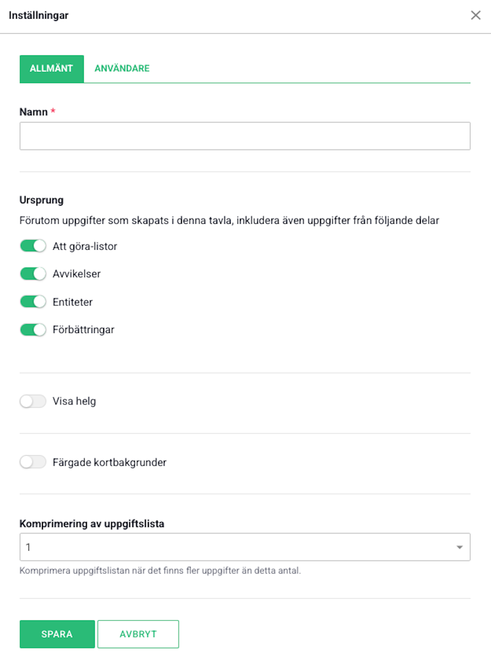 veckoplanering inställningar - allmänt