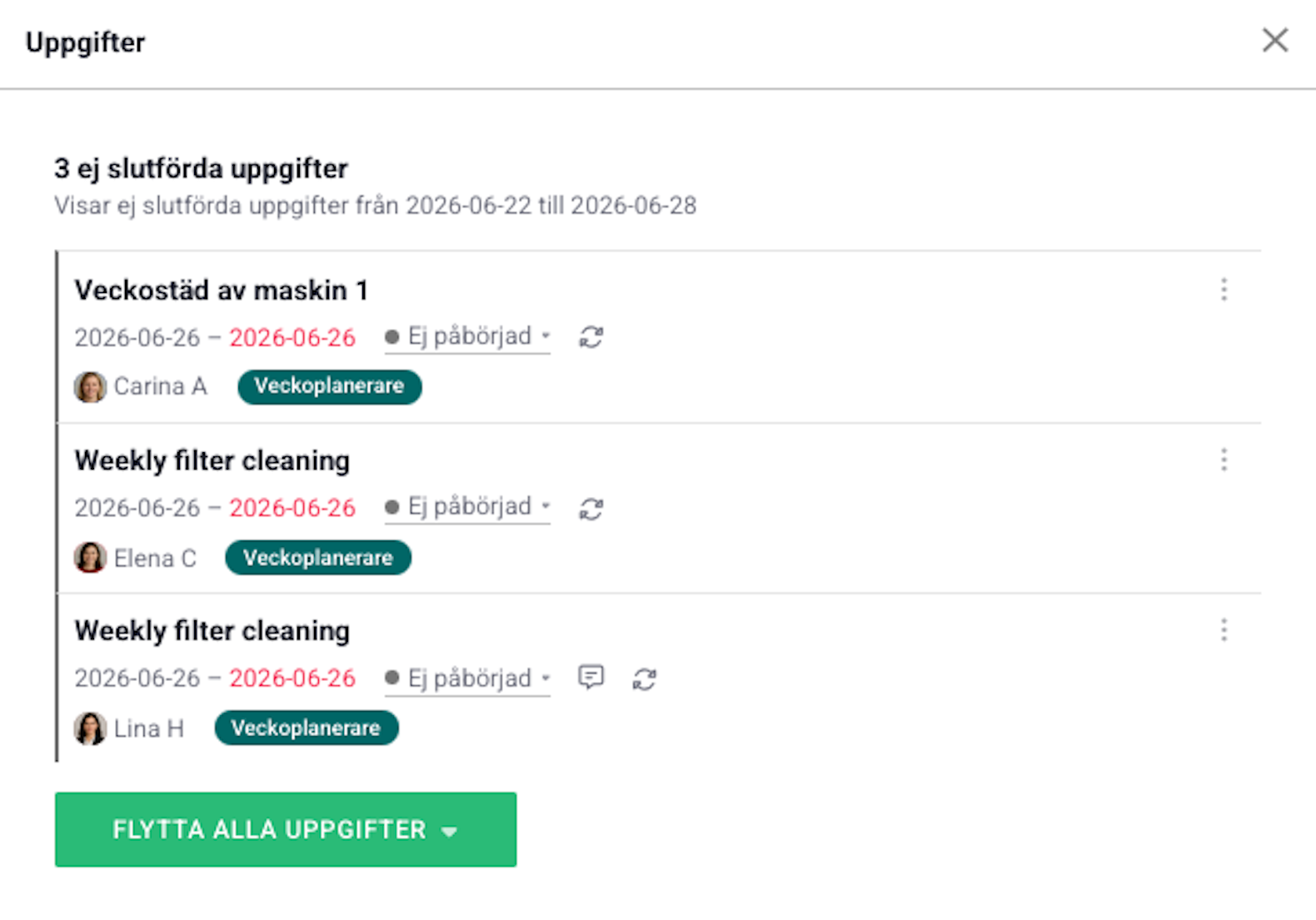 lista över försenade uppgifter