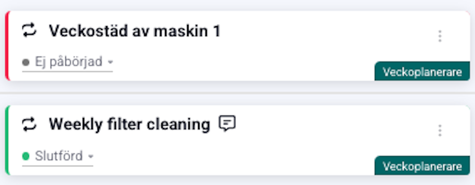 färger på uppgifter i veckoplanering