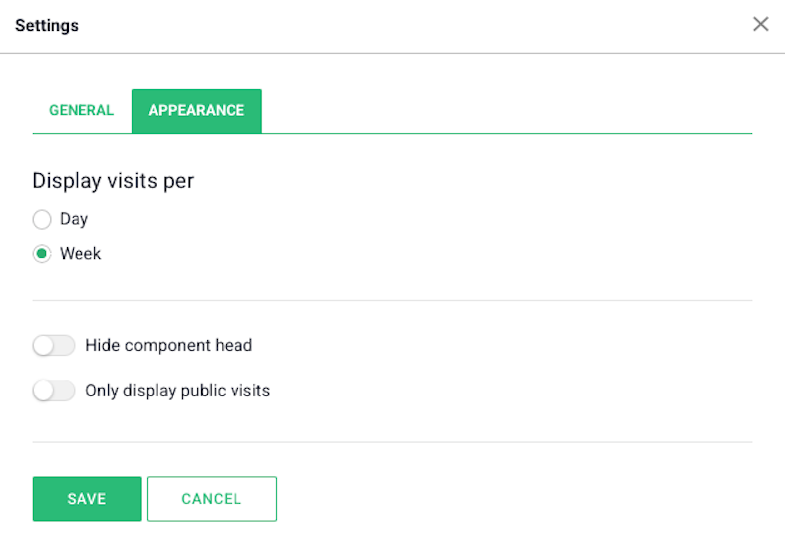 visits component settings - appearance
