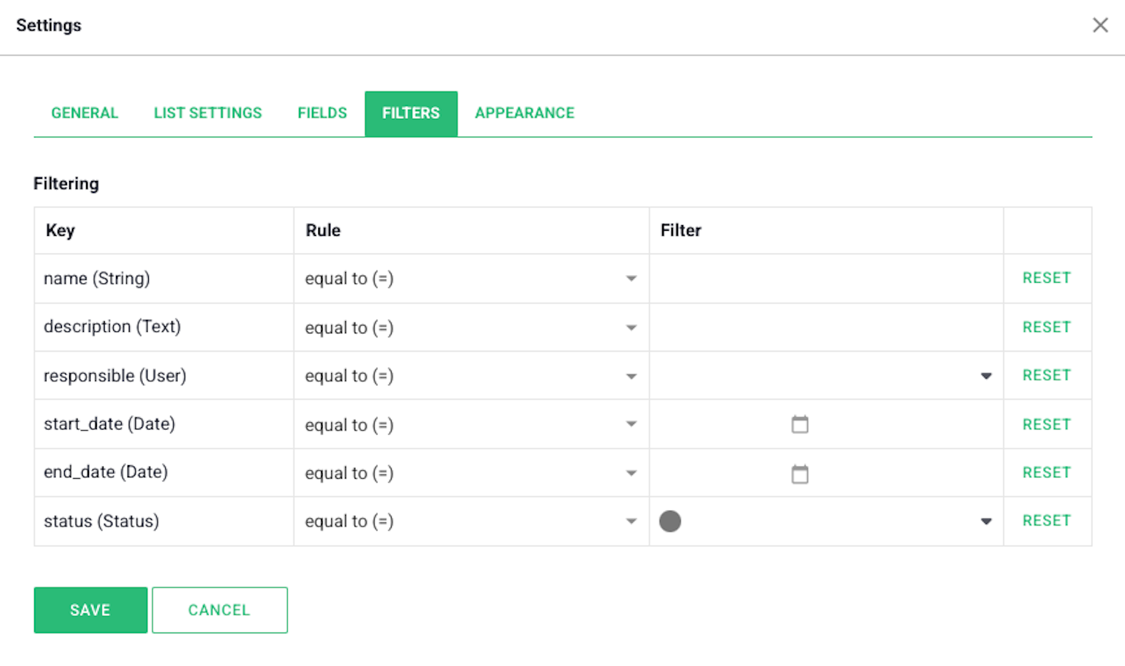 entity component settings - filter