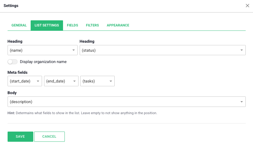 entity component settings - list entity component settings - list