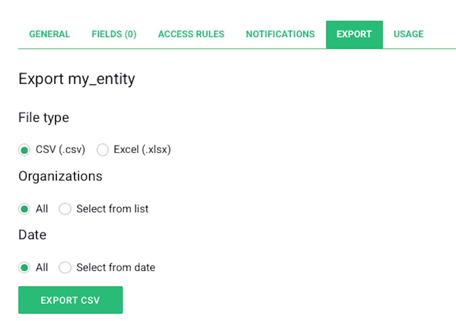 entity settings - export