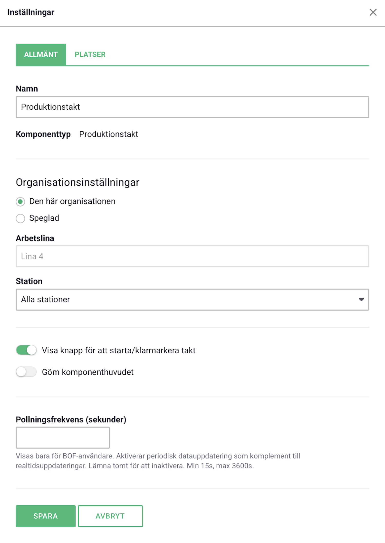 Allmäna inställningar för produktionstakt