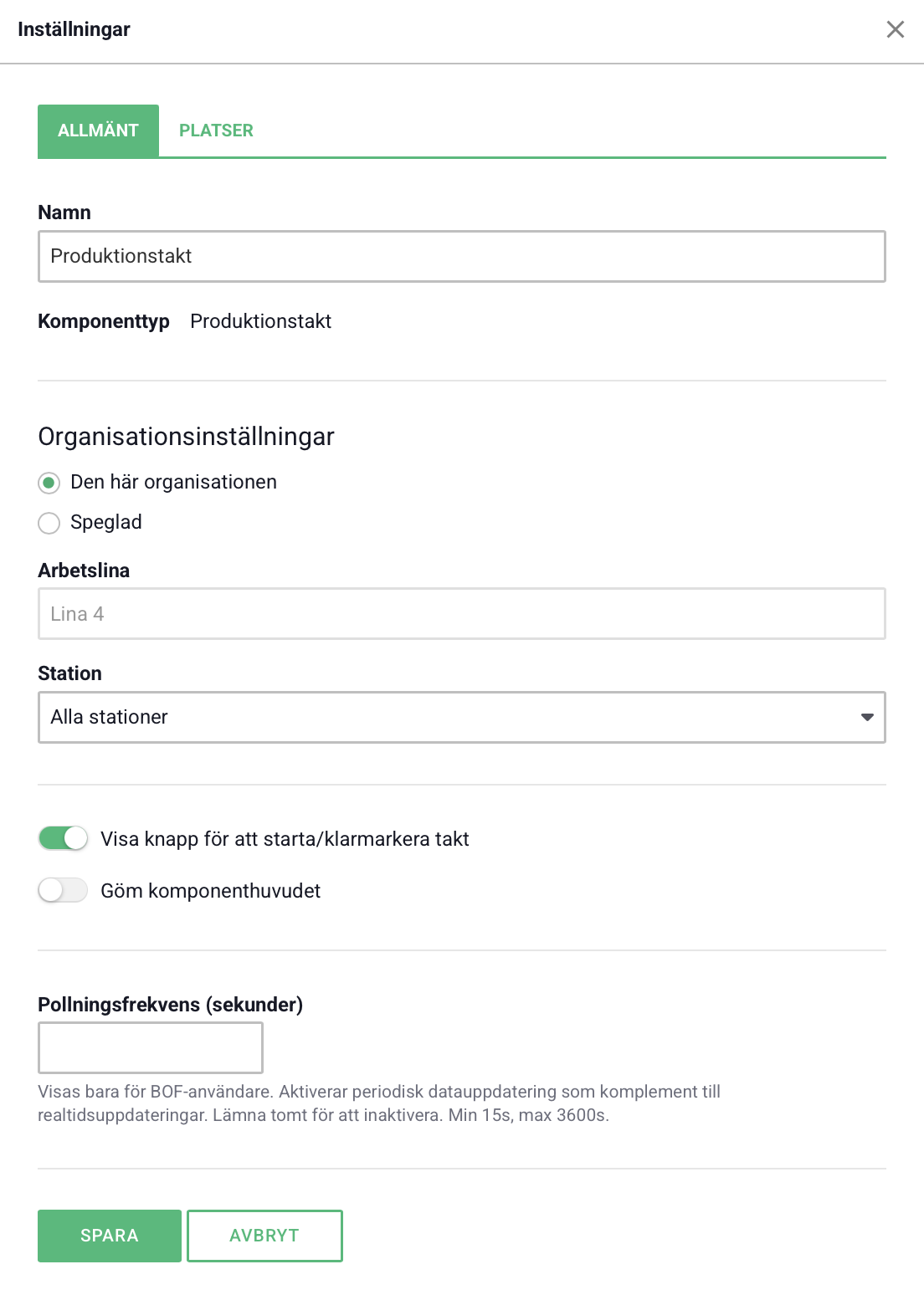 Allmäna inställningar för produktionstakt Allmäna inställningar för produktionstakt