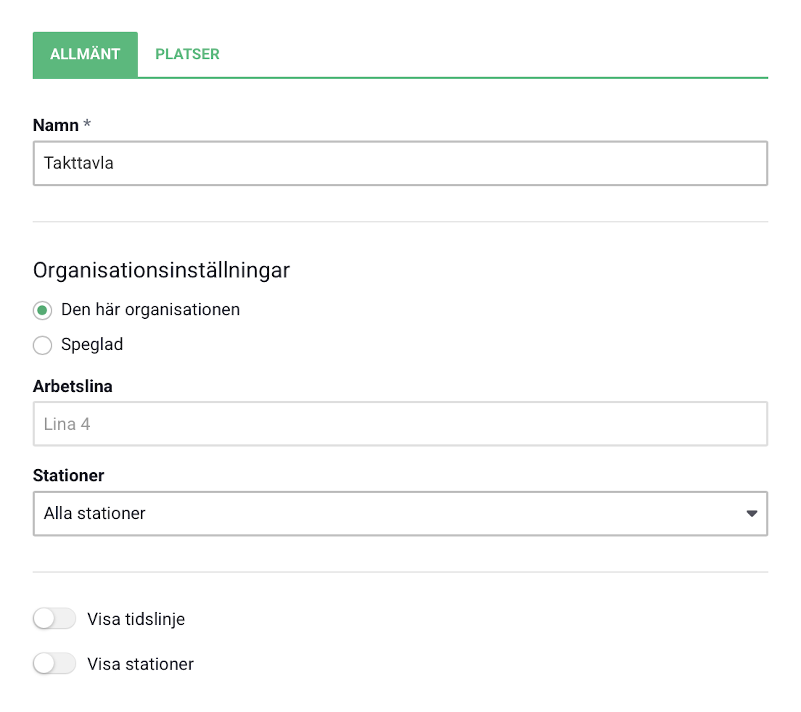 Allmäna inställningar för takttavla