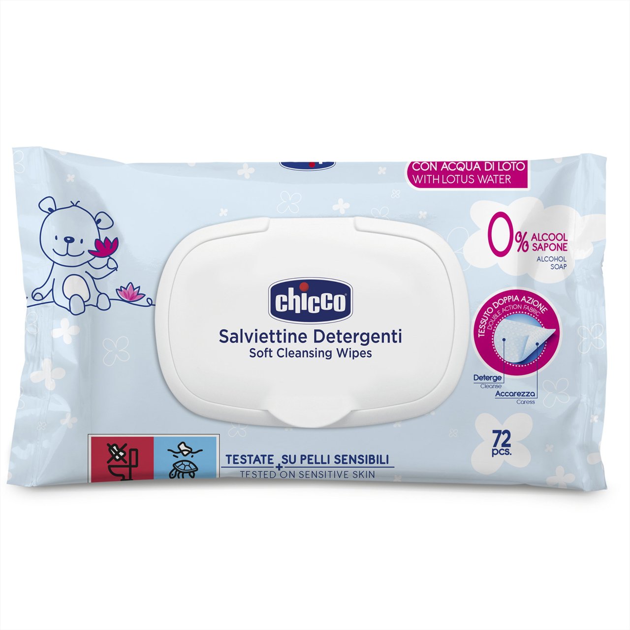 CONFEZIONE: 72 pz ETÀ: 0m+ Formato con placchetta Testato su pelli sensibili Non contiene parabeni, fenossietanolo, alcool e sapone