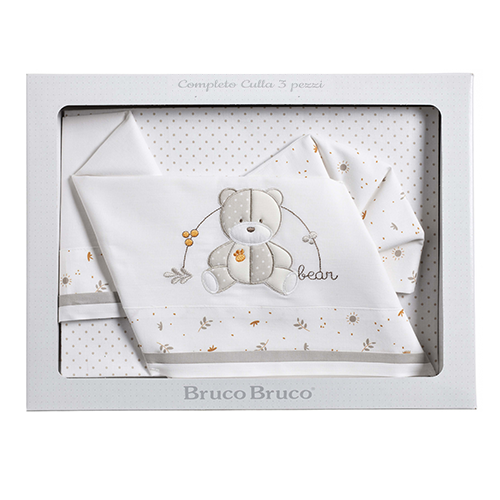 BrucoBruco Set per Culla Completo 3pz Ricamo Orsetto Foglie