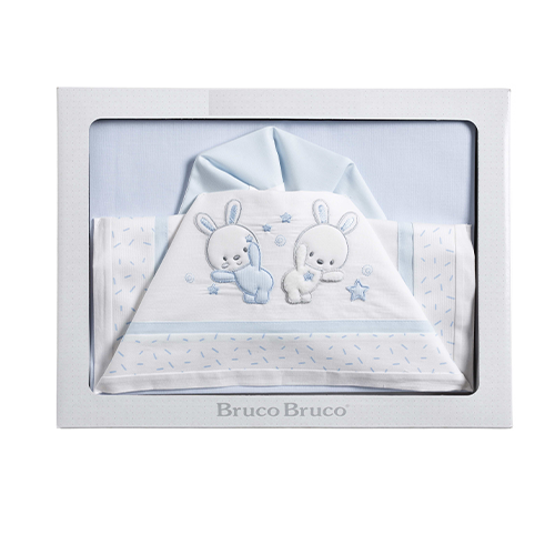 BrucoBruco Set per Letto Completo 3pz Ricamo Coniglietti Azzurro