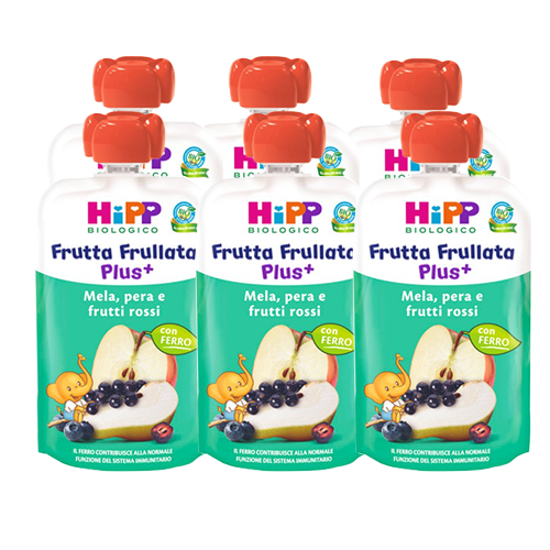 Hipp Frutta e Verdura Frullata Plus+ Mela-Pera-Frutti Rossi con Ferro 6x90g