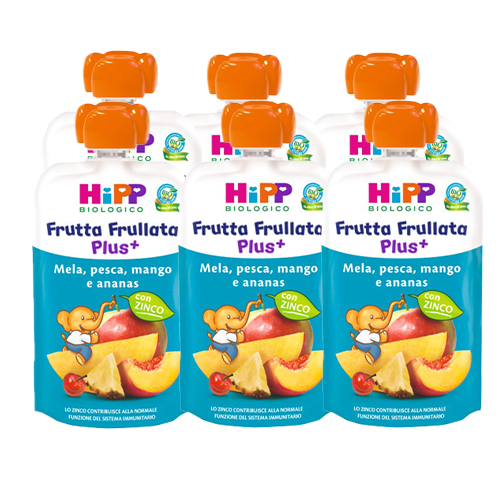 Hipp Frutta e Verdura Frullata Plus+ Mela-Pesca-Mango-Ananas con Zinco 6x90g