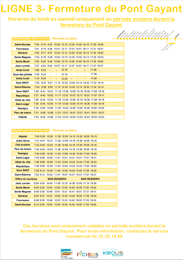 Fiche horaire période scolaire spéciale fermeture du pont gayantt