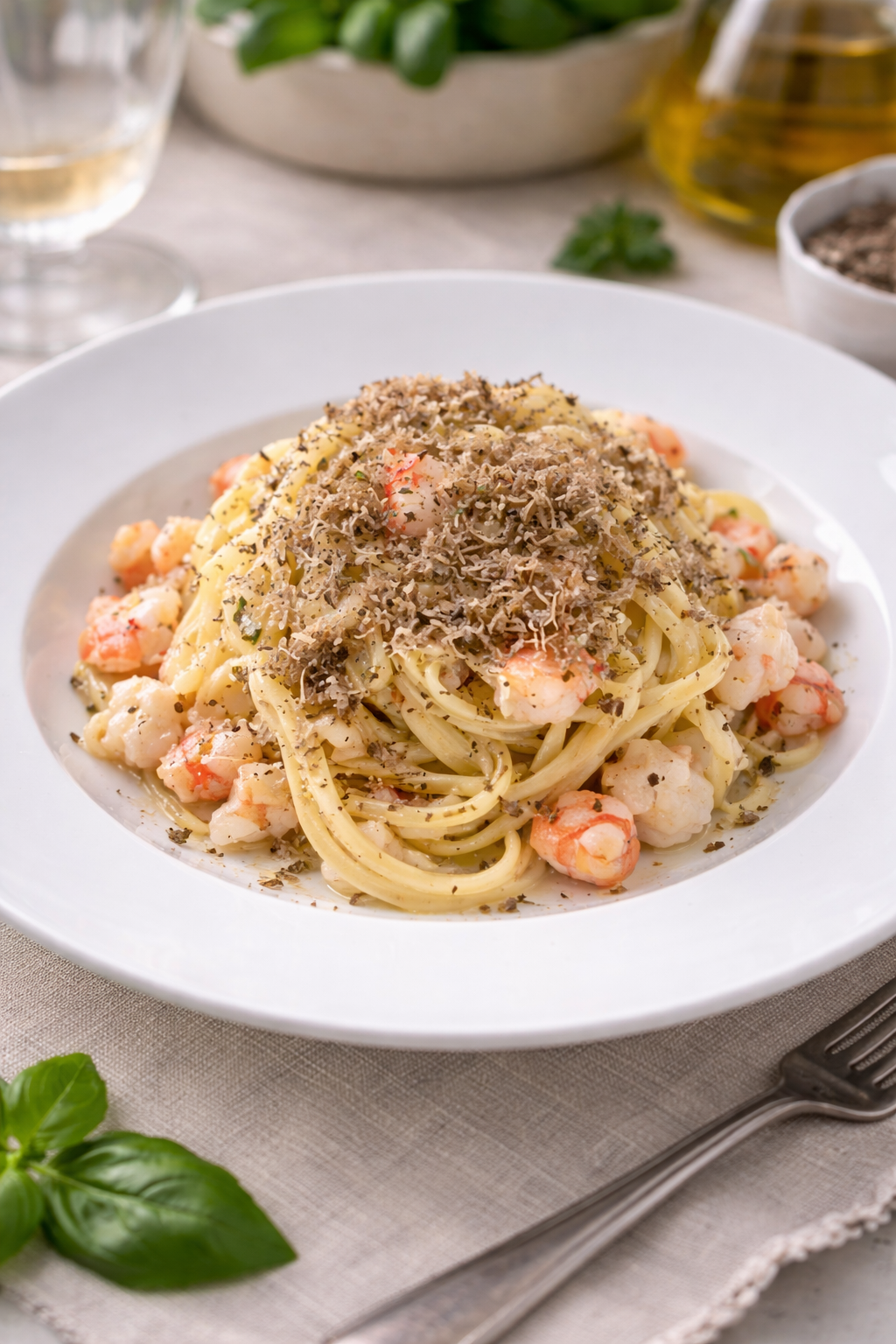 Tajarin al tartufo bianco con gamberi rossi e burro di montagna