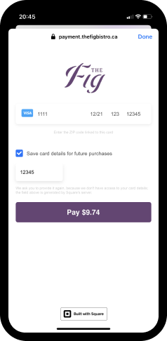 integrated payment page powered by square as a webview in facebook messenger for the fig chatbot