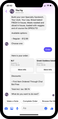 the fig chatbot in facebook messenger showcasing an interactive shopping cart