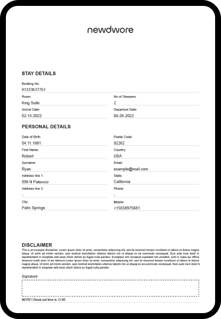 hotel registration card as a newdwore cloud document
