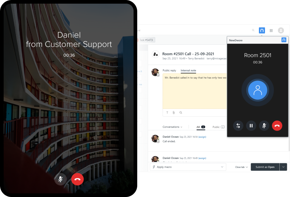 newdwore customer support solution showcasing an audio call between a support agent on zendesk and a visitor on an ipad