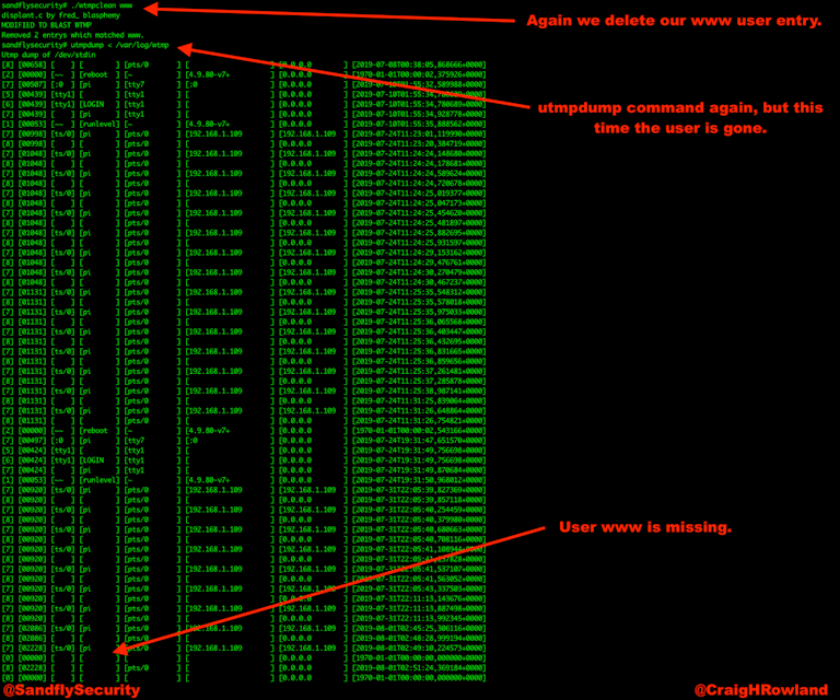 wtmp log file after tampering.