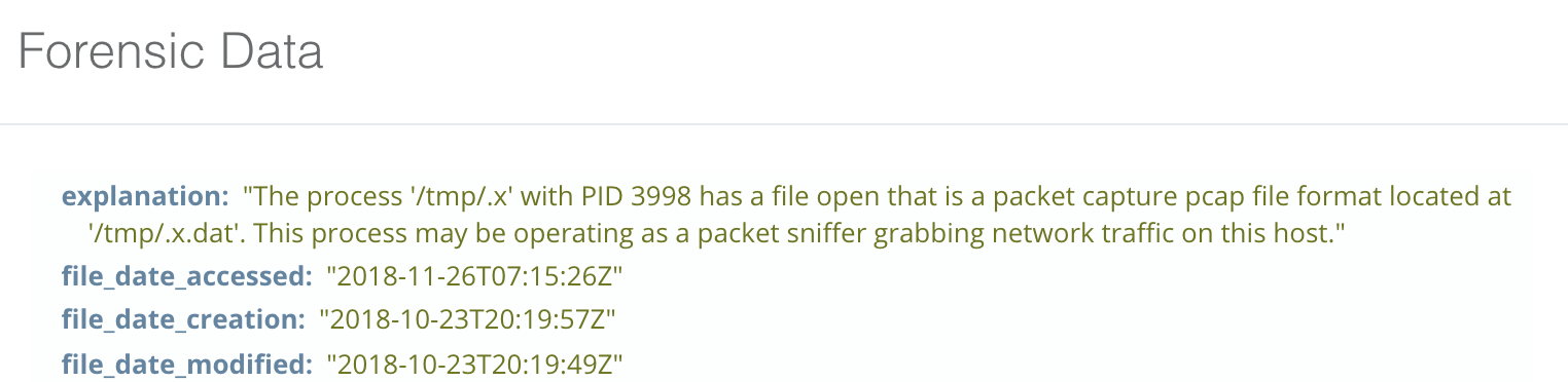 Sandfly detects a suspicious process writing to a pcap file under the /tmp directory.