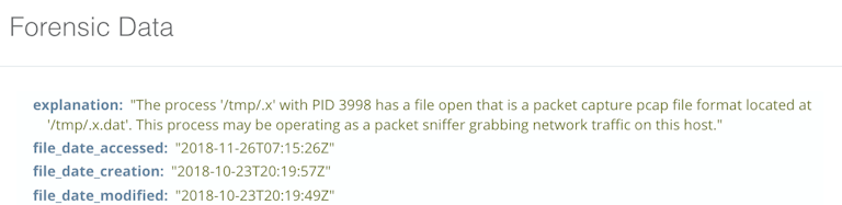 Sandfly detects a suspicious process writing to a pcap file under the /tmp directory.
