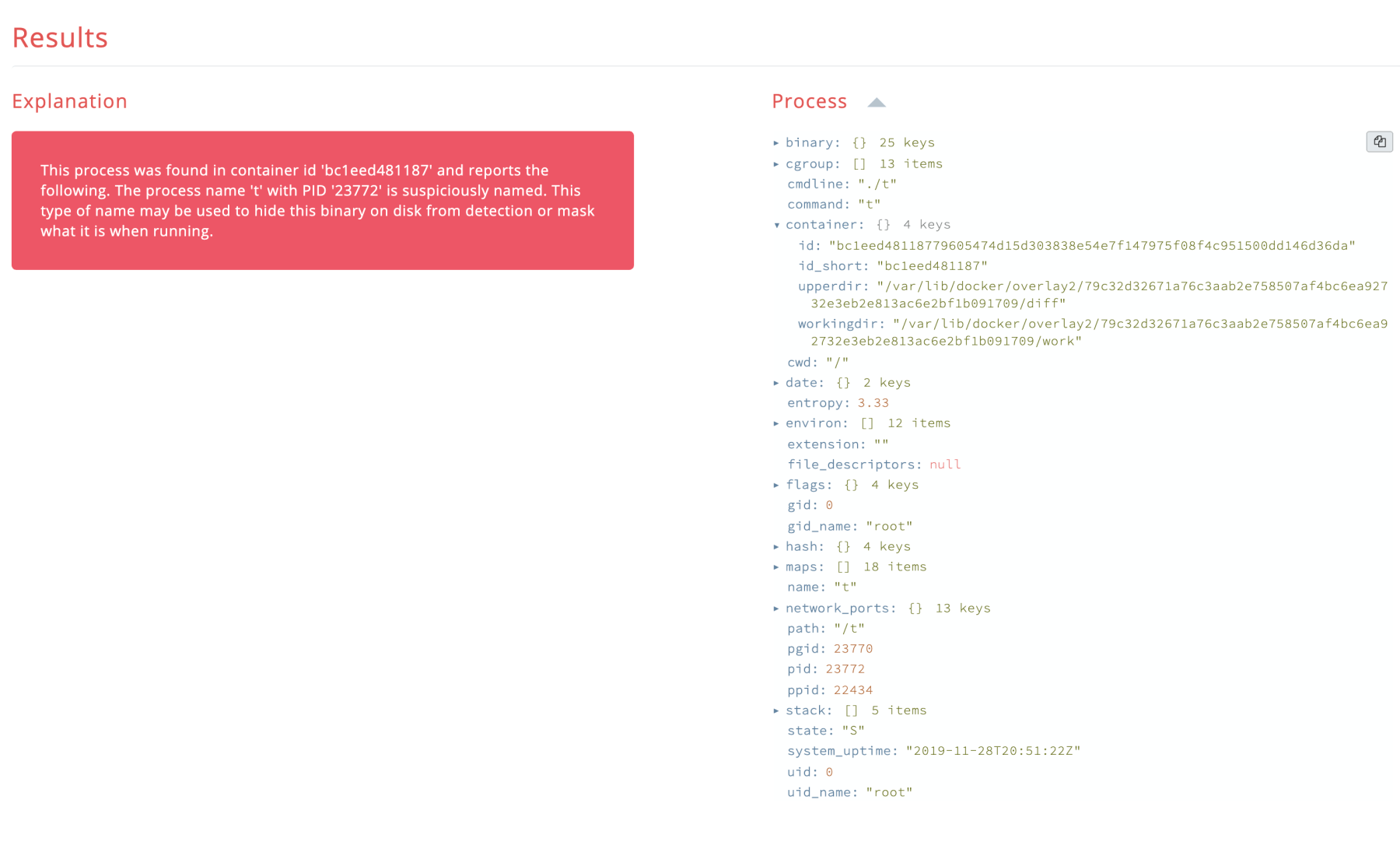 Suspicious process running inside Linux Docker container.