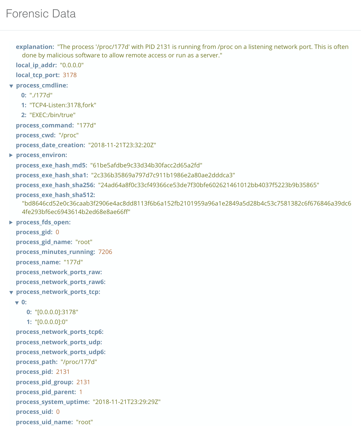 Sandfly spots a malicious network daemon from /proc with full process forensics for Linux.