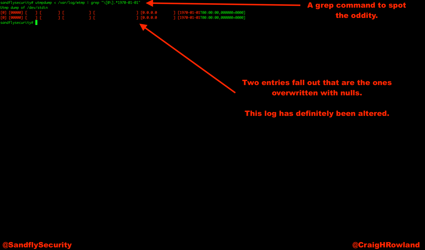 Detecting tampered wtmp file with utmpdump.