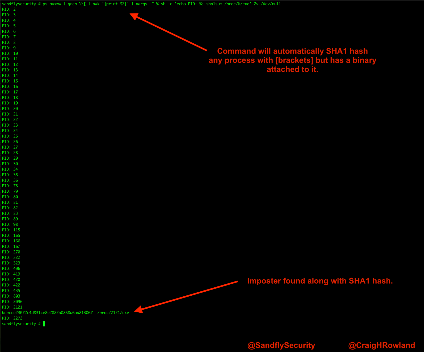 Script output of SHA1 hash from masquerading Linux kernel thread.
