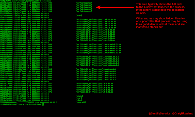 Investigating a suspicious process maps file on Linux.
