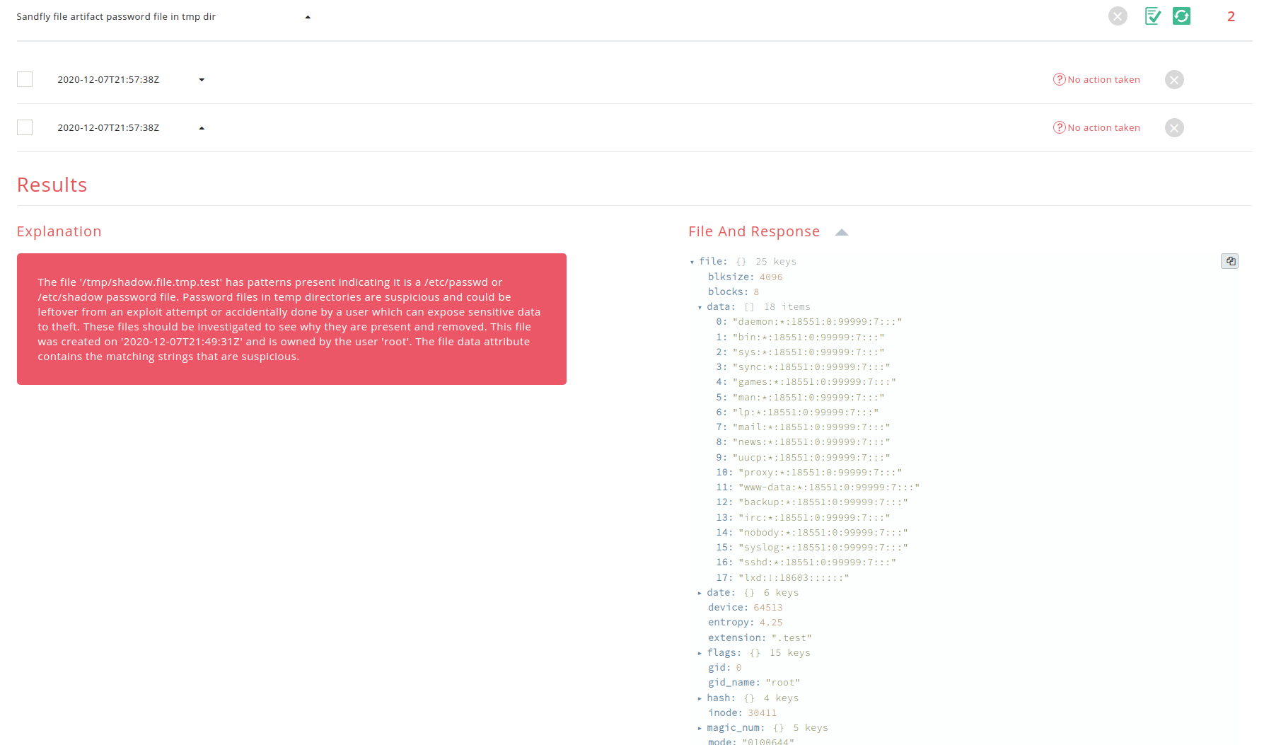 Linux /etc/shadow or /etc/passwd file artifact post-exploitation.