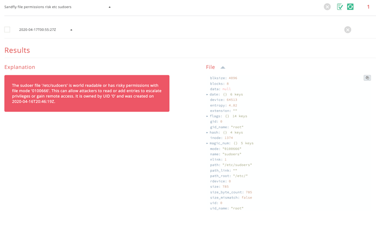 Open file permissions on /etc/sudoers allows privilege escalation.