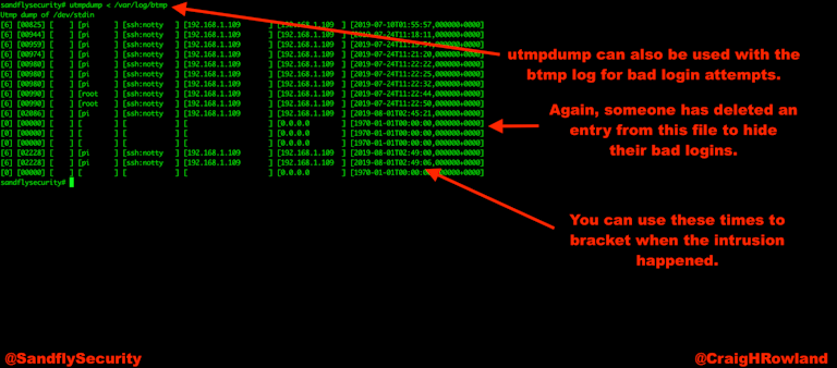 Bracketing the btmp log to find time of intrusion.