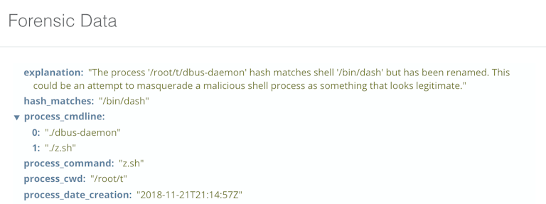 Sandfly detects a Linux shell masquerading as dbus-daemon running a malicious script.
