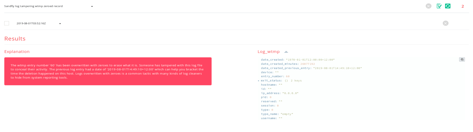 Sandfly detects wtmp log file tampering automatically.