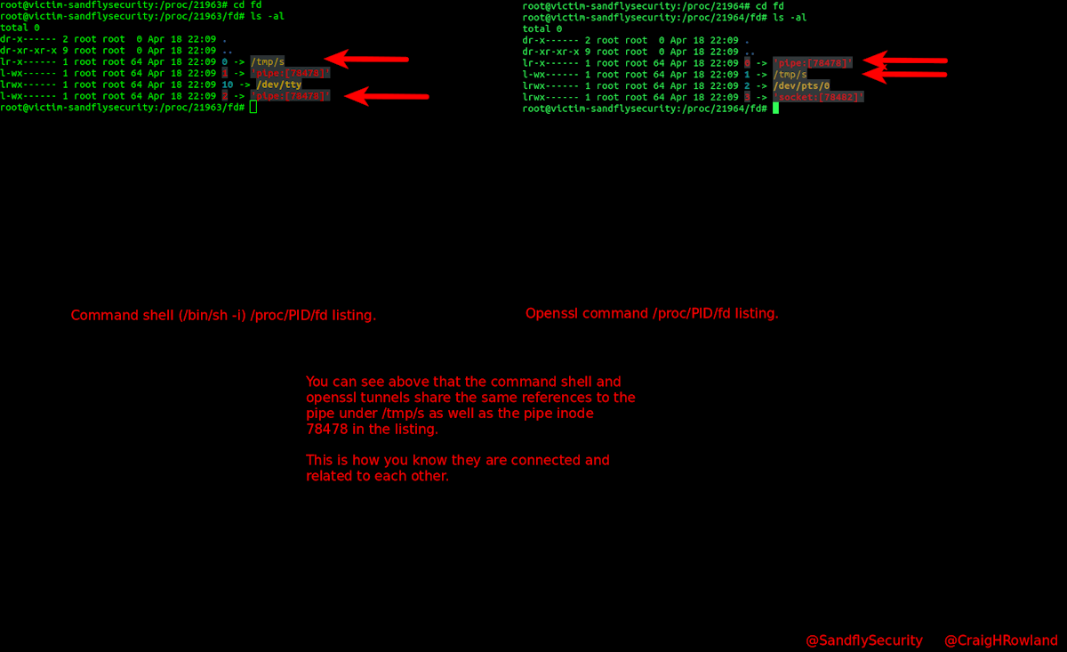 Comparing bindshell command interpreter and openssl network connection.