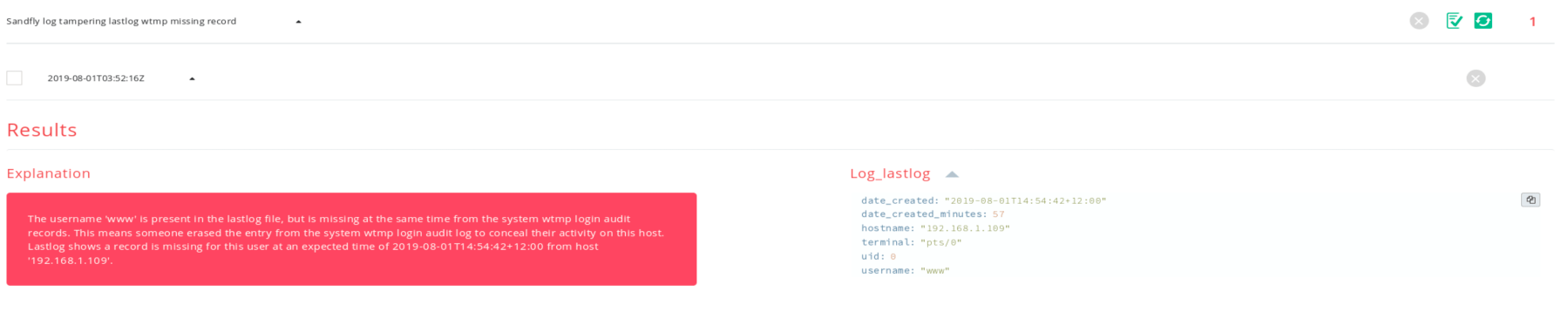 Sandfly detects lastlog and wtmp missing entry.
