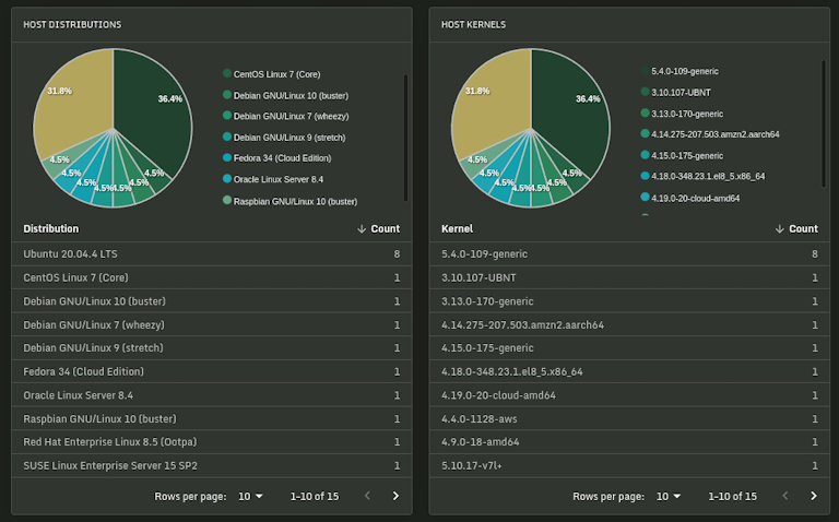 Sandfly quickly shows Linux distributions and kernel versions seen.