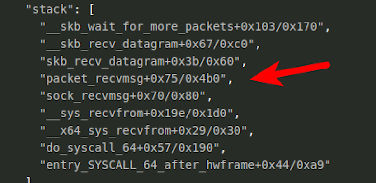 BPFDoor process stack trace showing packet capture functions calls on Linux.