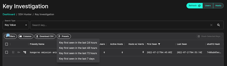 Search for SSH keys over the last 24 hours.