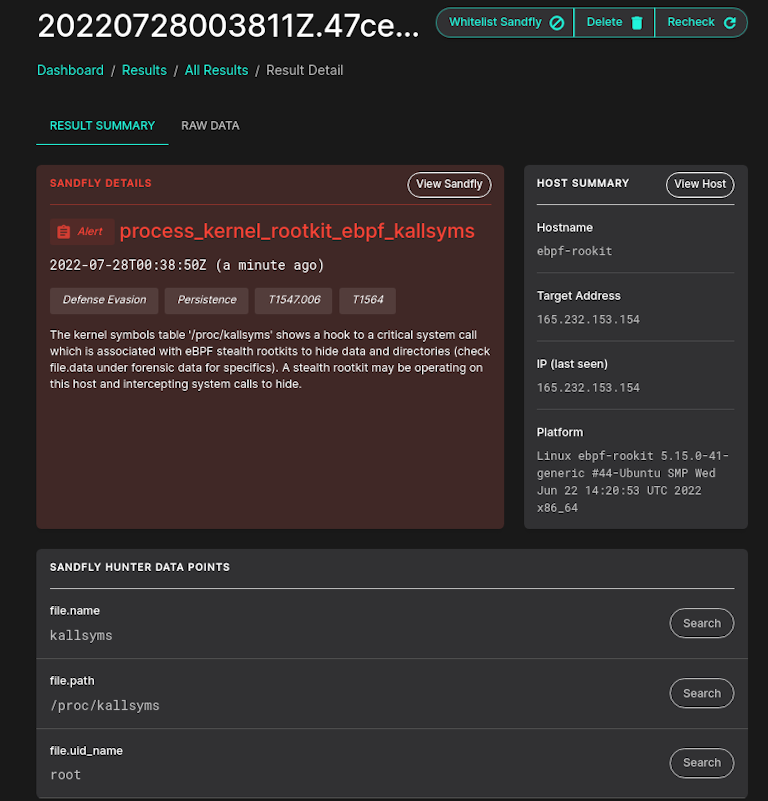 Sandfly detects eBPF rootkit.