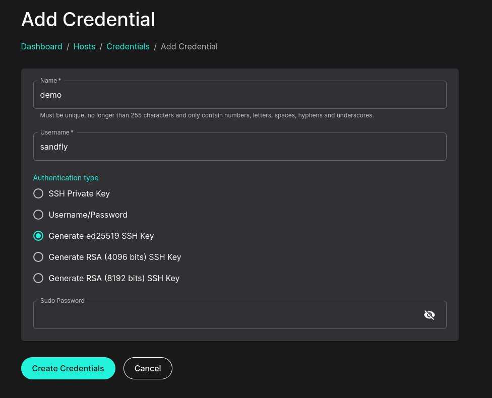 Generating SSH keys inside Sandfly.