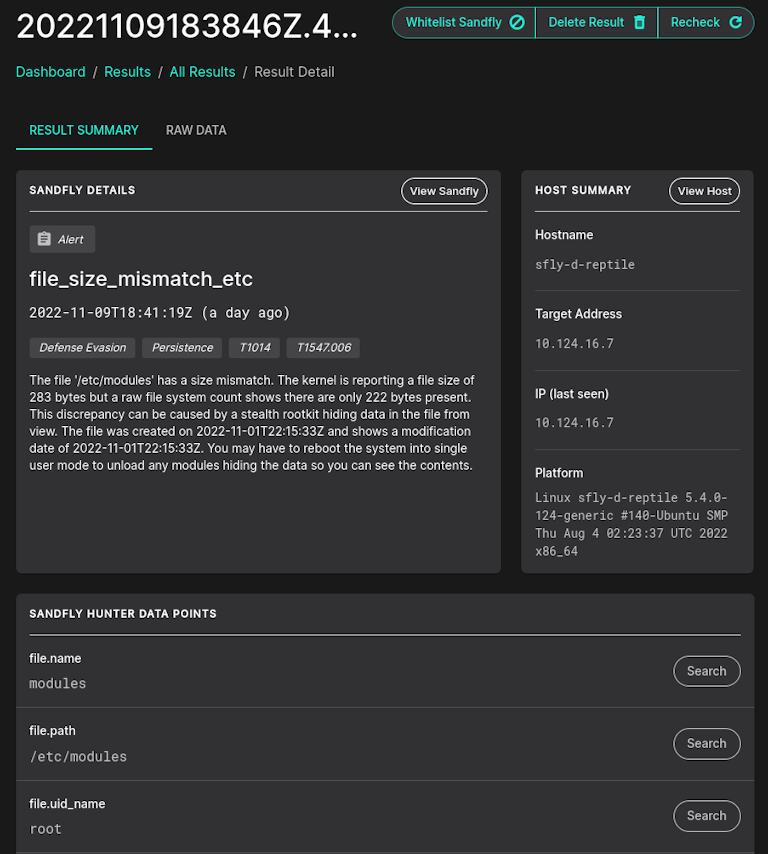 Sandfly detecting cloaked Linux stealth rootkit data.